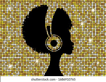 The Afro girl listens to music on headphones. Disco Music concept. Profile of a young African American woman. Musician avatar side view. Vector isolated on glittering Gold Texture background