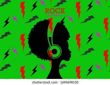 The Afro girl listens to music on headphones. Rock Music concept. Profile of a young African American woman. Musician avatar side view. Vector isolated on lightnings sign and green background