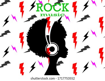 The Afro girl listens to music on headphones. Rock Music concept. Profile of a young African American woman. Musician avatar side view. Vector isolated on lightnings sign and white background