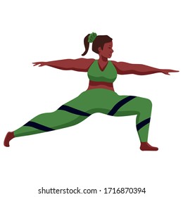 Afro girl on white isolated backdrop. Yoga pose for healthy lifestyle blog, landing page, card or cloth print, body positive website. Fitness courses or club logo. Flat style stock vector illustration