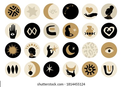 Afro gold highlight covers design set in black, gold, and gray colors. Vector afro shapes in contemporary style. Hands, afro girls profiles, black cat, moon, stars, and African ornaments.