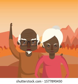 afro grandparents couple lovers in sunset landscape vector illustration design