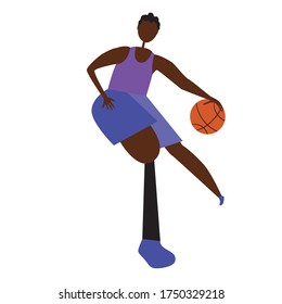 Afro guy or teenager with a prosthetic leg plays basketball. Flat vetory stock illustration with a young african man isolated on white background as a concept of disability and basketball