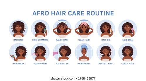 Afro hair care. Set. Isolated Black beautiful woman washes her head. Applies shampoo, mask, towel,balm to hair. Hair treatment. Flat cartoon style. White background. Vector stock illustration.