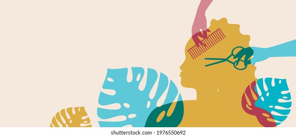 Afro Hair Cut, Copy Space Template. Silhouette Vector Stock Illustration. Woman Client In Hairdressing Salon. Professional With Scissors. Color Illustration For Design