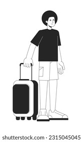 Afro hair man holding baggage flat line black white vector character. Editable outline full body person. Traveler standing with luggage simple cartoon isolated spot illustration for web graphic design