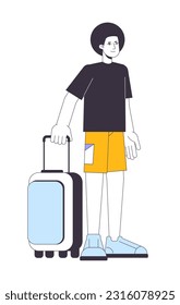 Afro hair man holding baggage flat line color vector character. Editable outline full body person on white. Traveller standing with luggage simple cartoon spot illustration for web graphic design