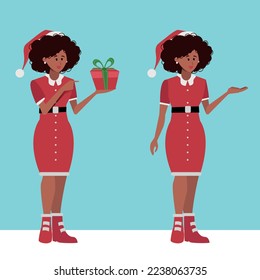 Afro hair woman in santa claus outfit holding christmas present box isolated. Business posture pointing to something. full silhouette