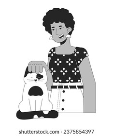 Afro hair woman stroking cat head black and white 2D line cartoon character. African american lady adopting kitten isolated vector outline person. Pet lover female monochromatic flat spot illustration