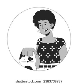 Afro hair woman stroking cat head black and white 2D vector avatar illustration. African american lady adopting kitten outline cartoon character face isolated. Pet lover female flat user profile image