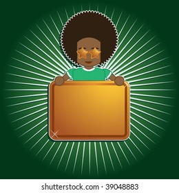 afro haired boy holding gold sign ready for text