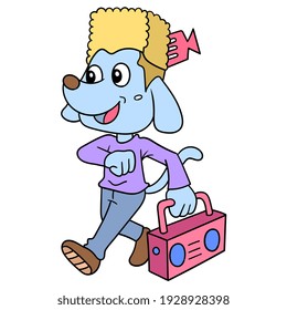 afro cabello perro caminando con una cara feliz cargando una radio, ilustración vectorial art. doodle imagen kawaii.