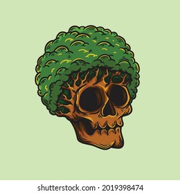 afro haired tree skull illustration