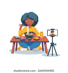 Afro haired woman making content eating asian food, cartoon vector. Suitable for social media