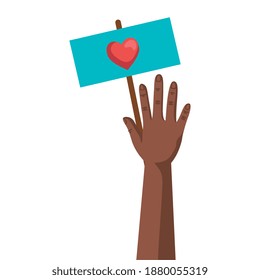 afro hand human up protesting with heart in banner vector illustration design