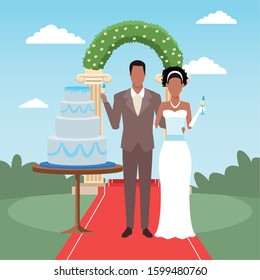 Afro just married couple with weeding cake and floral arch around, colorful design, vector illustration