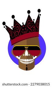 Afro king skull logo with crown and sunglasses, funny and cool graffiti cartoon character with purple circle.