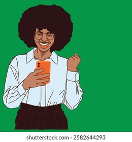 An Afro lady happily reading her cell phone emails, smiling with excitement and positivity.