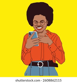 Afro lady looking excited going through her cell phone