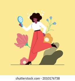 afro lady with mirror self care