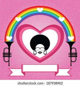 afro lady on the heart with rainbow and trumpet