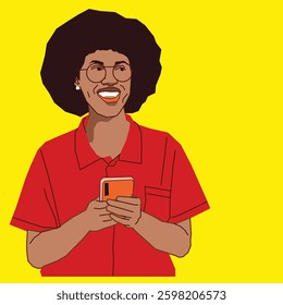 An Afro lady smiling holding a cell phone