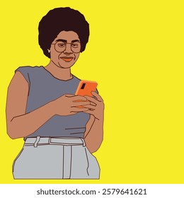 An Afro lady smiling warmly as she reads her phone emails, exuding confidence and positivity in a modern professional setting.