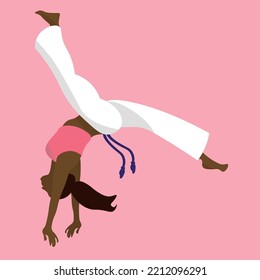 Afro Latin Woman Performing Capoeira. Girl Doing Acrobatic Movement. Capoeira Backflip, Jump. Colorful Pink Vector Illustration For Person Who Doing Sport Training.