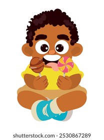 afro menino pequeno comendo pirulito doce personagem