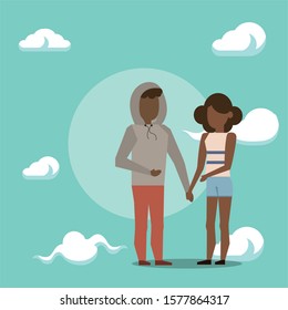 afro lovers couple with clouds characters vector illustration design