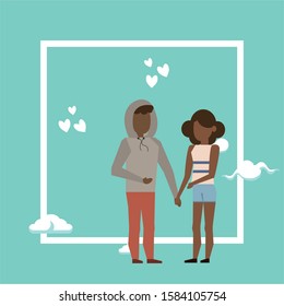 afro lovers couple with clouds characters vector illustration design