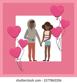 afro lovers couple with hearts balloons helium vector illustration design
