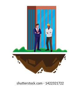 afro male builder with engineer and building