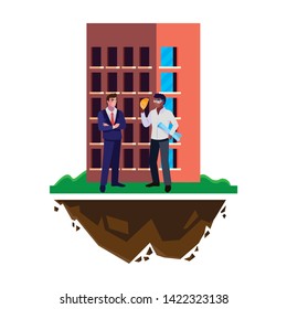 afro male builder with engineer and building