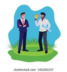 afro male builder with engineer on the lawn