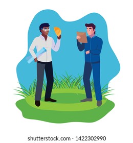 afro male builder with engineer on the lawn