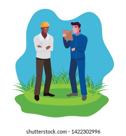afro male builder with engineer on the lawn
