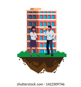 afro male builder with female engineer with building