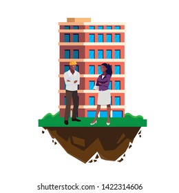 afro male builder with female engineer with building