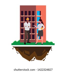 afro male builder with female engineer with building