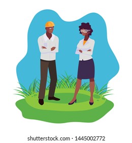 afro male builder with female engineer characters