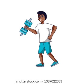 afro man athletic with dumbbell avatar character