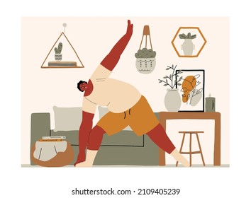 Afro man body positive overweight man doing yoga at home. Male character exercising to lose weight. Hand drawn style vector illustration.