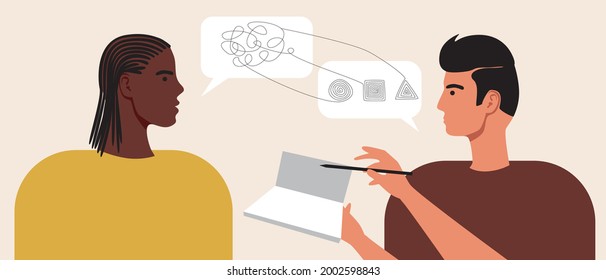 Afro man in consultation with a psychologist. Flat vector stock illustration. Consultation with a psychotherapist. Psychological assistance by an African. Psychotherapy for people. Vector graphics