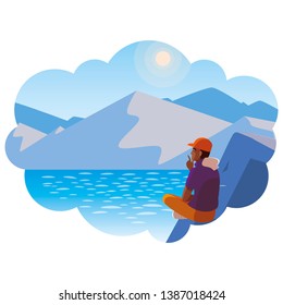 afro man contemplating horizon in lake and mountains scene