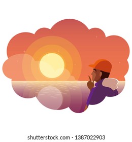 afro man contemplating horizon of sky sunset scene