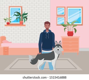 afro man with cute dog mascot in the bedroom