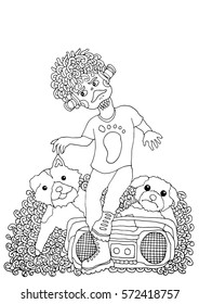 afro man dance with dogs vector hand drawn funny design