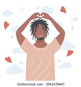 afro man doing heart symbol on white background