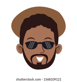 afro man face with sunglasses and hat over white background, vector illustration